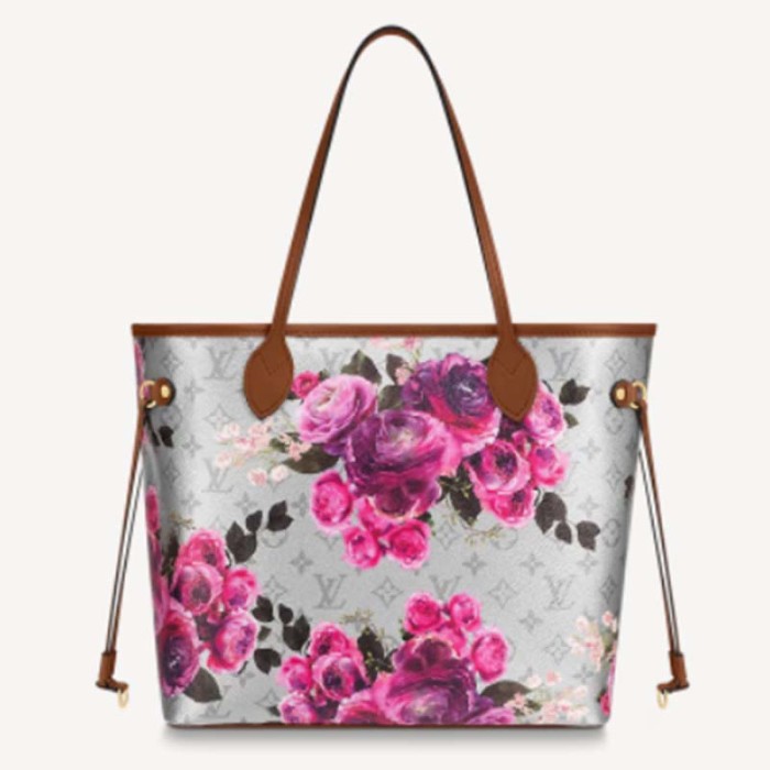 Louis Vuitton LV Women Neverfull MM Tote Bag Silver Coated Canvas Cowhide Leather