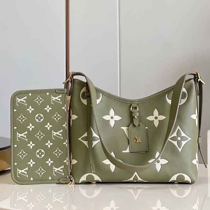 Louis Vuitton LV Women CarryAll PM Bag Light Khaki Cream Monogram Empreinte Embossed Grained Cowhide Leather