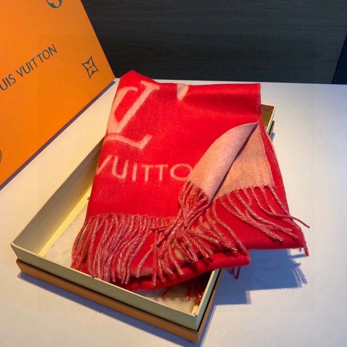 Louis Vuitton LV Unisex Reykjavik Scarf Red Cashmere Jacquard Weave Oversized Monogram Flowers