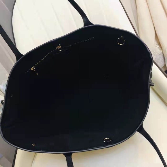 Louis Vuitton LV Women Neverfull MM Tote Black Pink Grained Cowhide Leather