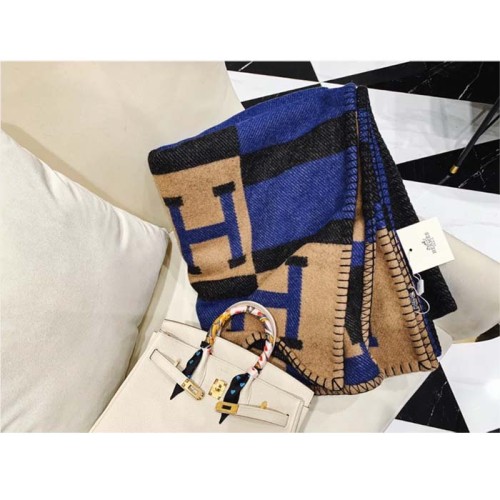Hermes Unisex Wool Cashmere Blue Navy Beige Black Multifunction Blanket Scarf
