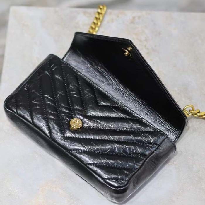 Saint Laurent YSL Women College Mini Chain Bag Black Shiny Crackled Leather