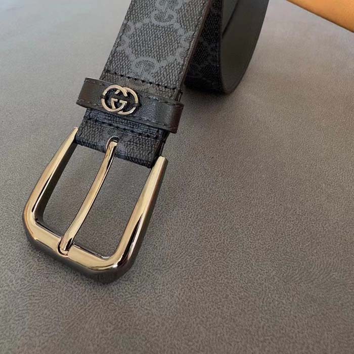 Gucci Unisex GG Belt Interlocking G Detail Grey Black GG Supreme Square Buckle