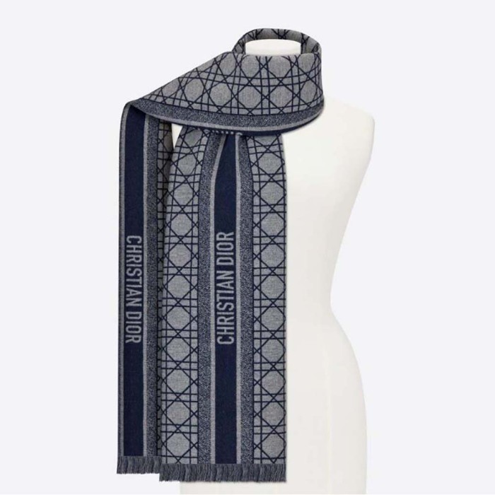 Dior Unisex Cannage Scarf Navy Blue and Gray Cashmere and Virgin Wool