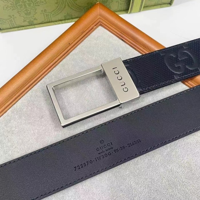 Gucci Unisex GG Belt Rectangular Buckle Black Leather 3.6 CM Width