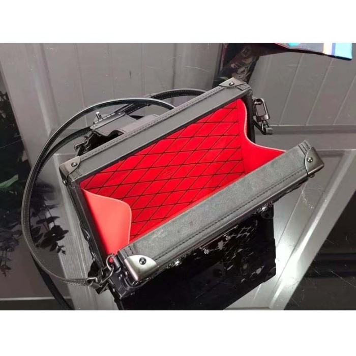 Louis Vuitton LV Women Petite Malle Handbag Black Patent Calfskin Cowhide Leather