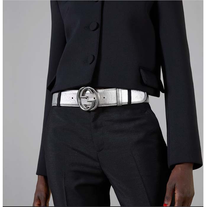 Gucci Unisex GG Interlocking G Buckle Wide Belt Silver Leather 4.6 CM Belt