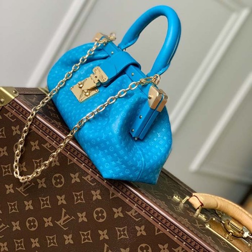 Louis Vuitton LV Women Monogram Clutch Blue Calfskin Leather S-Lock
