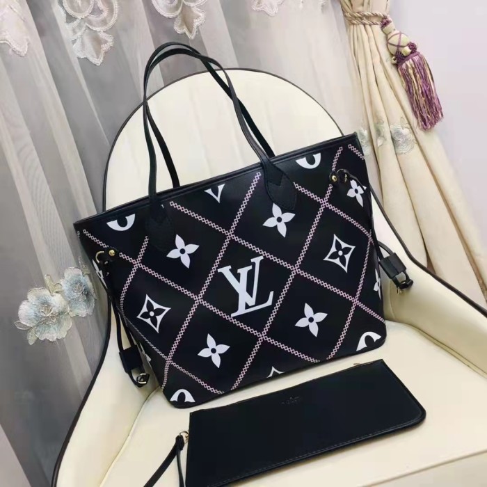 Louis Vuitton LV Women Neverfull MM Tote Black Pink Grained Cowhide Leather