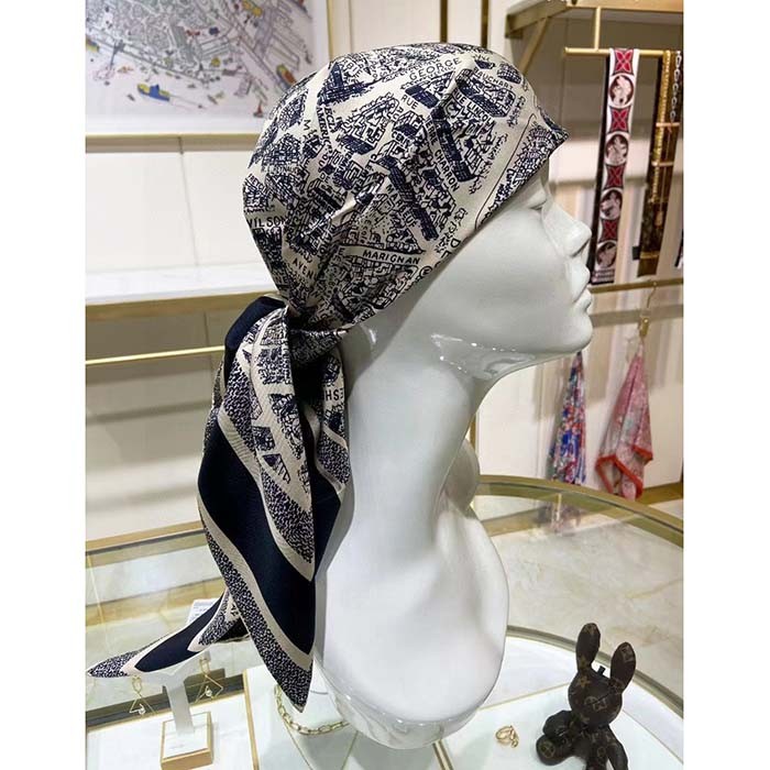 Dior Women CD Plan De Paris 90 Square Scarf Beige Black Silk Twill
