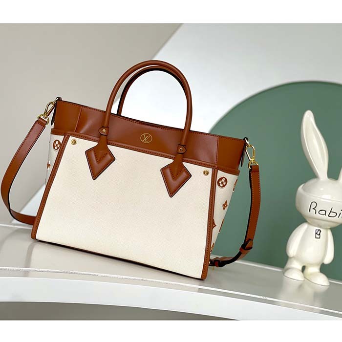 Louis Vuitton Women LV On My Side MM Tan Canvas Smooth Cowhide Leather