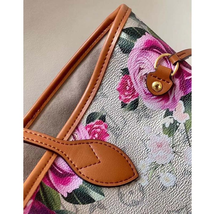 Louis Vuitton LV Women Neverfull MM Tote Bag Silver Coated Canvas Cowhide Leather