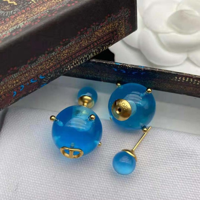 Dior Women Tribales Earrings Gold-Finish Metal and Light Blue Transparent Resin Pearls