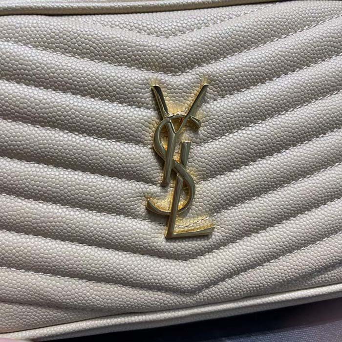Saint Laurent YSL Women Mini Lou Quilted Leather Beige Gold Zip Closure