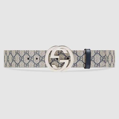 Gucci Unisex GG Supreme Belt with G Buckle in Beige/Blue GG Supreme Canvas