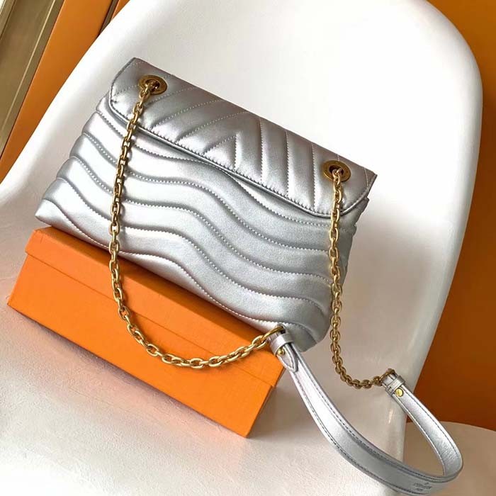 Louis Vuitton LV Women New Wave Chain Bag MM Metallic Gray Quilted Cowhide Leather