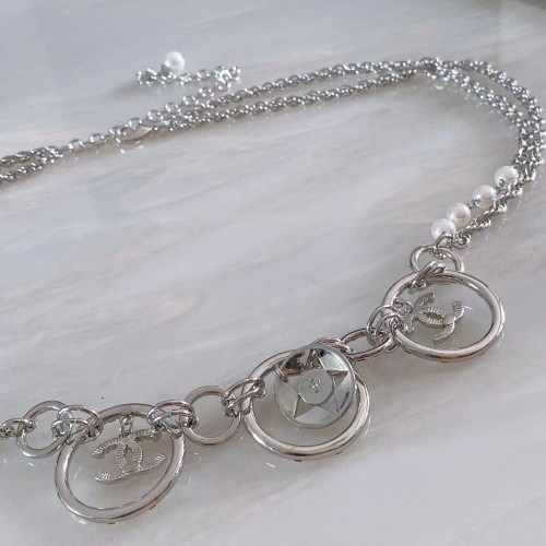 Chanel Women CC Chain Belt Metal Glass Pearls Imitation Pearls Strass Silver Pearly White Crystal