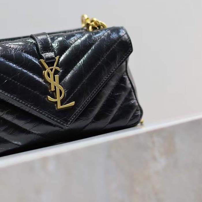 Saint Laurent YSL Women College Mini Chain Bag Black Shiny Crackled Leather