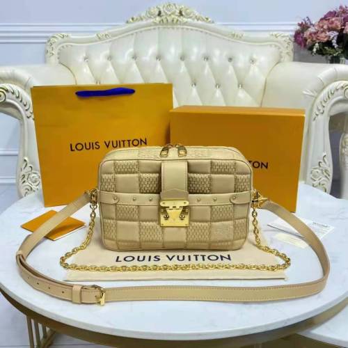 Louis Vuitton LV Women Pochette Troca Handbag Cashmere Beige Damier Quilt Lamb Leather
