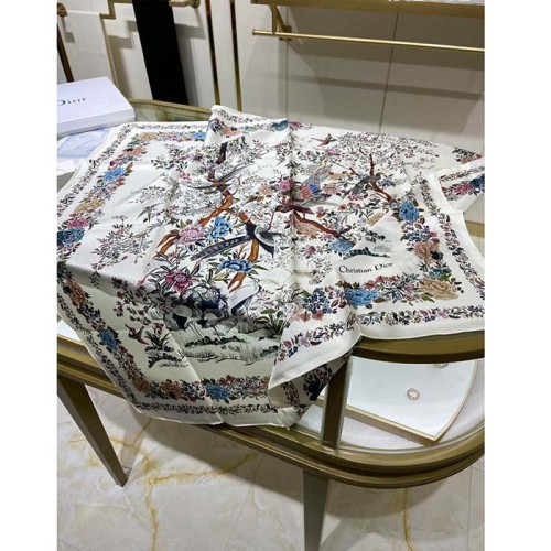 Dior CD Women Jardin D'Hiver 90 Square Scarf White Multicolor Silk Twill