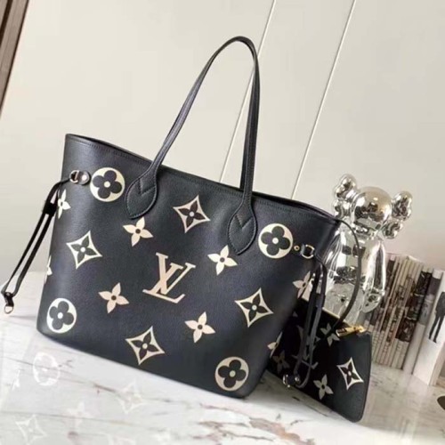 Louis Vuitton Women LV Neverfull MM Black Monogram Embossed Grained Cowhide Leather M58907