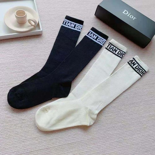 Dior Women Sporty High Socks White Black and Royal Blue Cotton