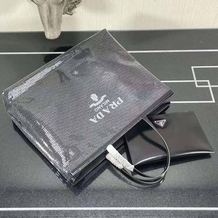 Prada Women Sequined Mesh Tote Bag-Black