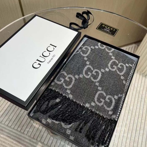 Gucci Unisex GG Jacquard Knit Scarf Tassels Grey Black Wool