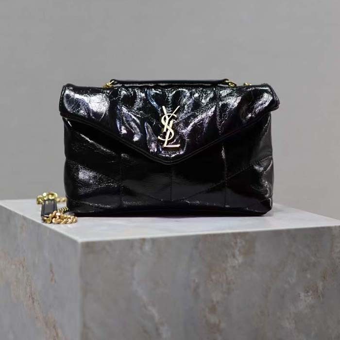 Saint Laurent YSL Women Puffer Small Nappa Leather Black Gold Lambskin