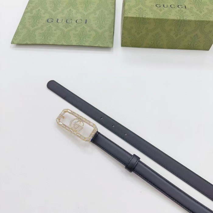 Gucci Unisex GG Thin Belt Crystal Double G Buckle Black Leather 2 CM Width