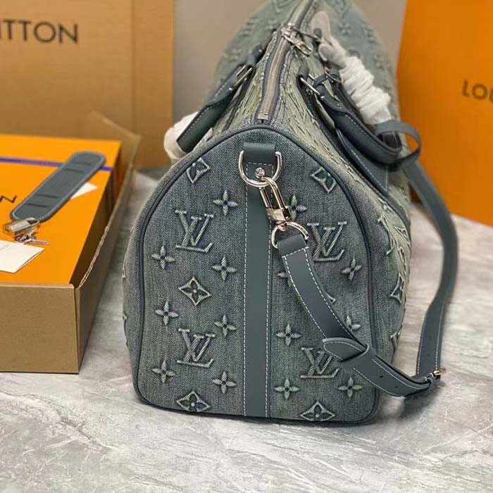Louis Vuitton Unisex LV Keepall Bandoulière 50 Travel Bag Monogram Washed Denim Coated Canvas