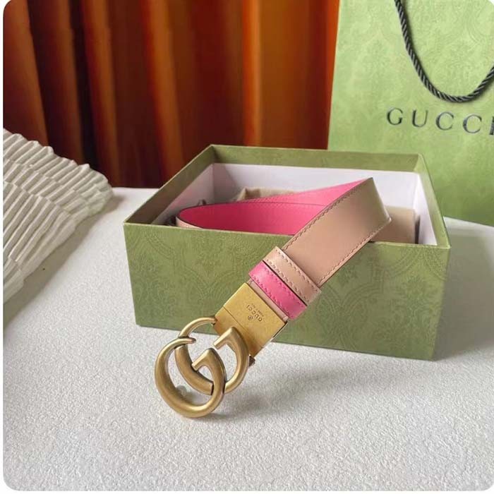 Gucci Women GG Marmont Reversible Belt Beige Pink Leather 3 CM Width Double G