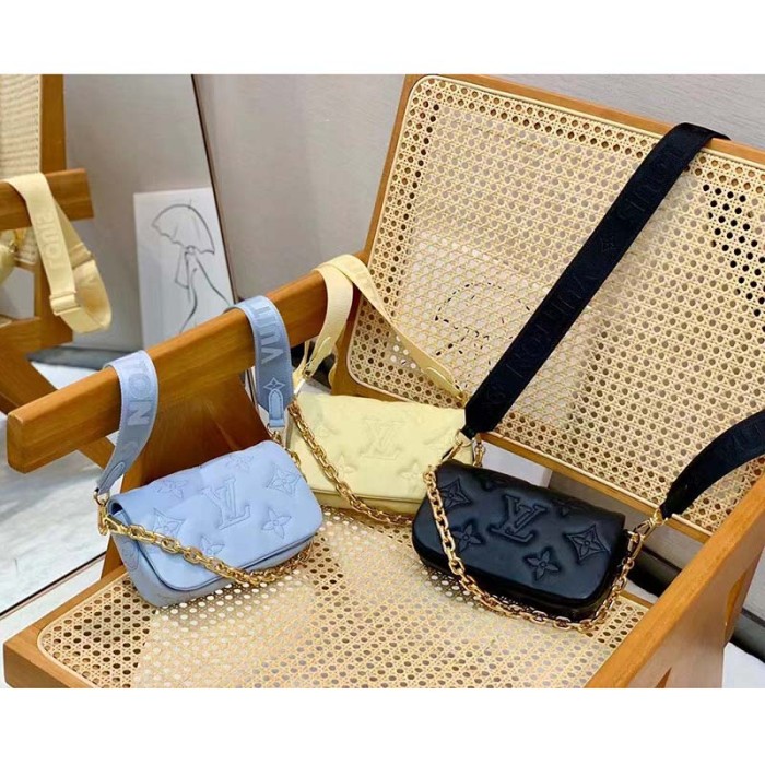 Louis Vuitton LV Women Wallet On Strap Bubblegram Blue Monogram Embroidered Quilted Calf