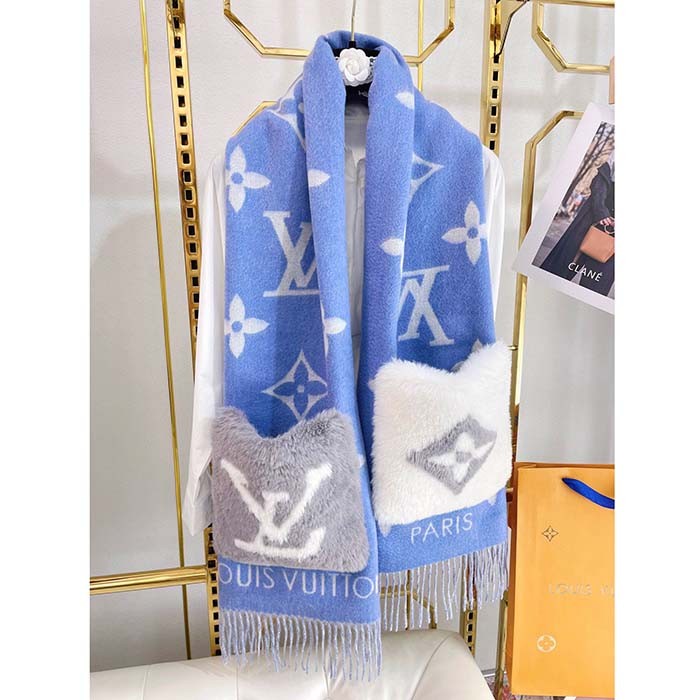 Louis Vuitton LV Unisex Cold Reykjavik Scarf Denim Blue Allover Monogram Flowers Cashmere