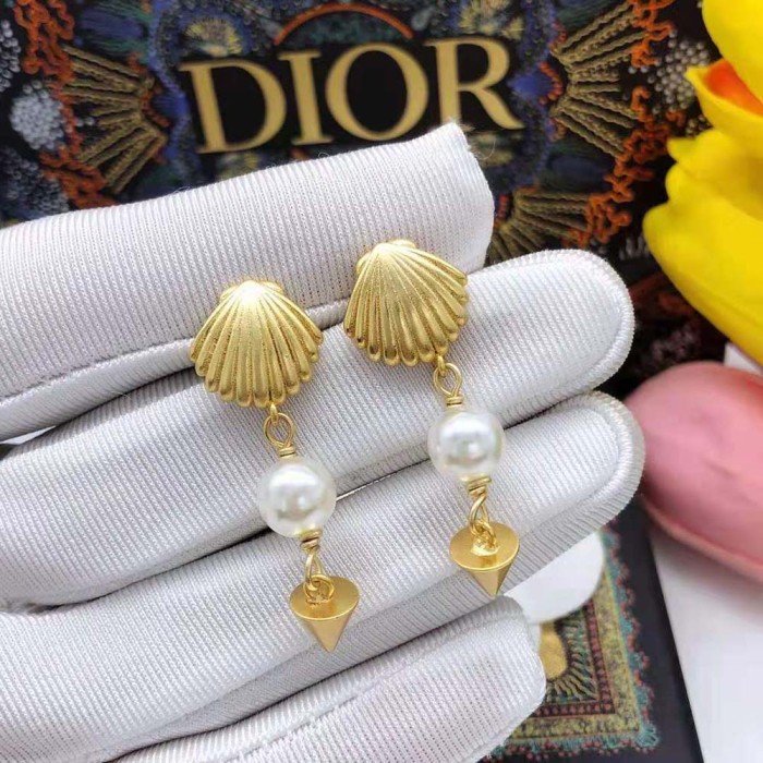 Dior Women Sea Garden Earrings Gold-Finish Metal and White Resin Pearls