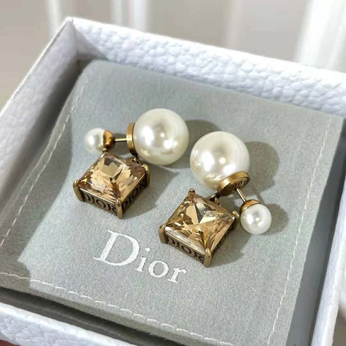 Dior Women Tribales Earrings Antique Gold-Finish Metal with White Resin Pearls and Citrine