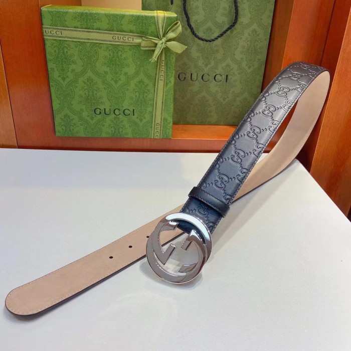 Gucci GG Unisex Signature Leather Belt Black Interlocking G Buckle 3.8 CM Width
