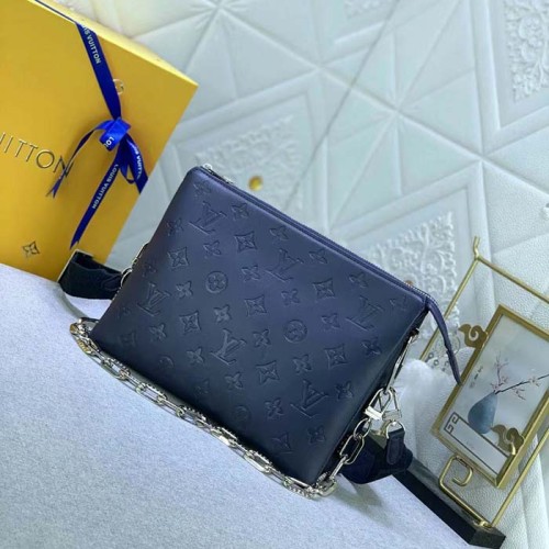 Louis Vuitton LV Women Coussin PM Handbag Marine Blue Monogram Embossed Puffy Lambskin Calfskin Leather