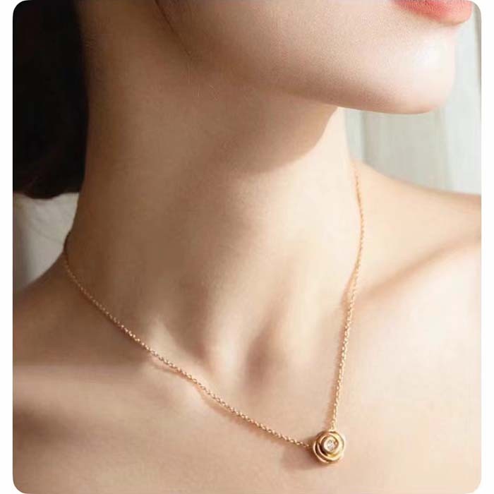 Dior Women CD Large Rose Dior Couture Necklace Pink Gold Diamonds 0.07 ct