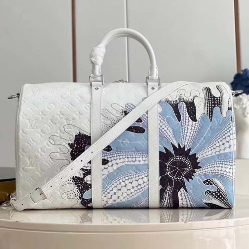 Louis Vuitton Unisex LV x YK Bandoulière Keepall 50 White Taurillon Monogram Cowhide Psychedelic Flower