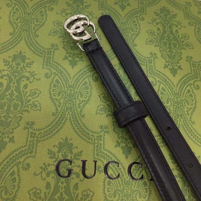 Gucci Unisex GG Thin Belt Belt Black Leather Double G Buckle 1.3 CM Width