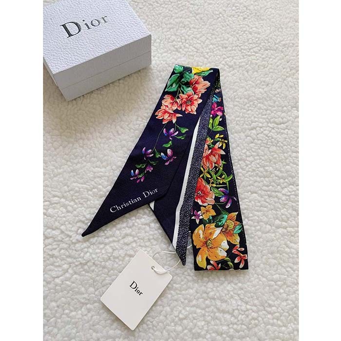 Dior Women CD D-Floral Mitzah Scarf Blue Multicolor Silk Twill