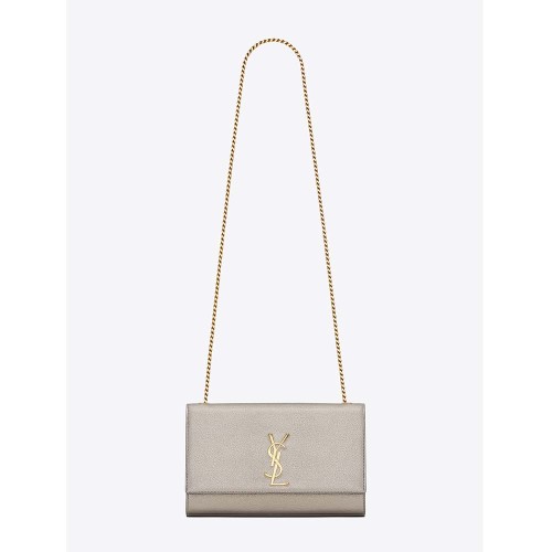 Saint Laurent YSL Women Kate Medium in Grained Metallic Leather-Silver