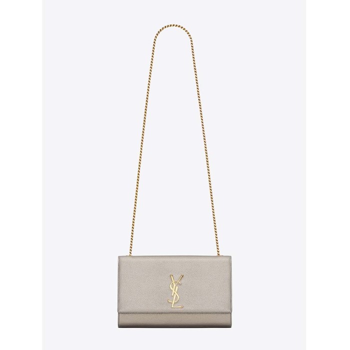 Saint Laurent YSL Women Kate Medium in Grained Metallic Leather-Silver