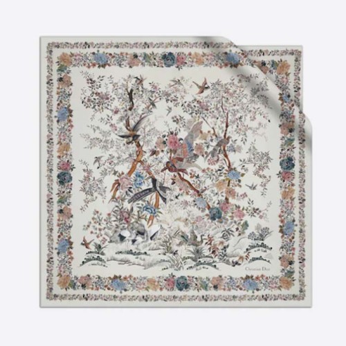 Dior CD Women Jardin D'Hiver 90 Square Scarf White Multicolor Silk Twill