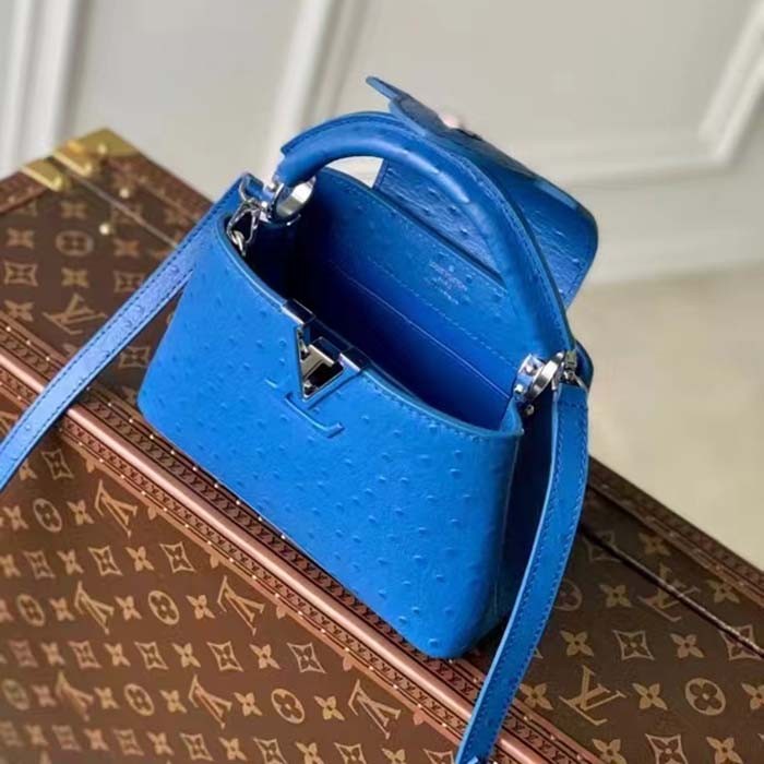 Louis Vuitton LV Women Capucines Mini Menthe Blue Goatskin Ostrich Leather Monogram Flower