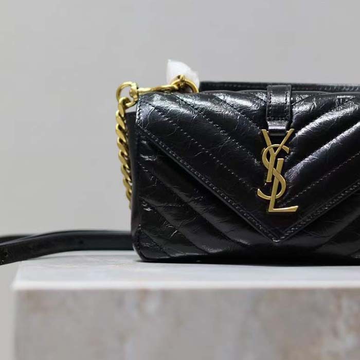 Saint Laurent YSL Women College Mini Chain Bag Black Shiny Crackled Leather