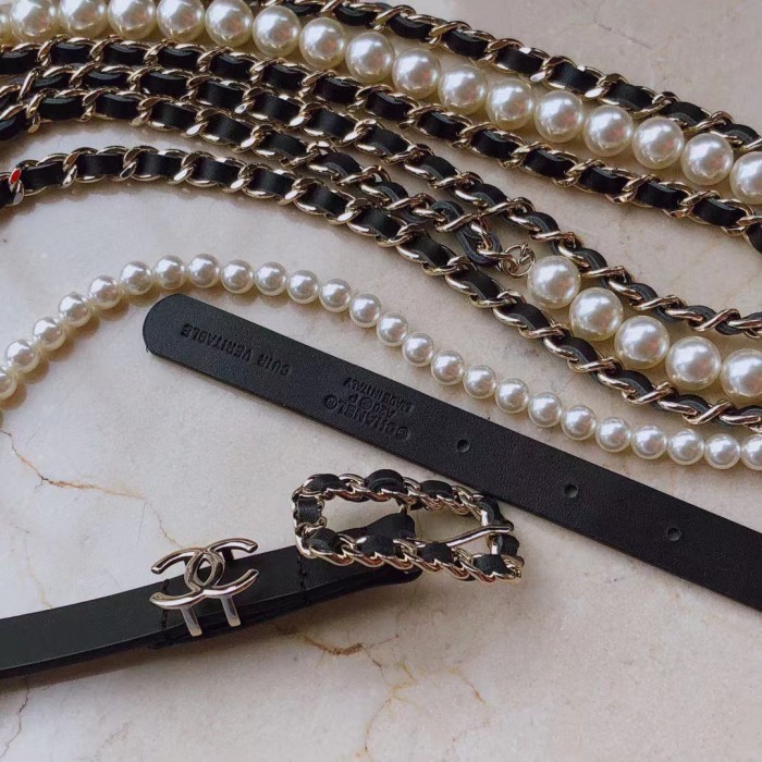 Chanel Women CC Belt Gold Metal Resin Glass Pearls Strass Black Calfskin Leather
