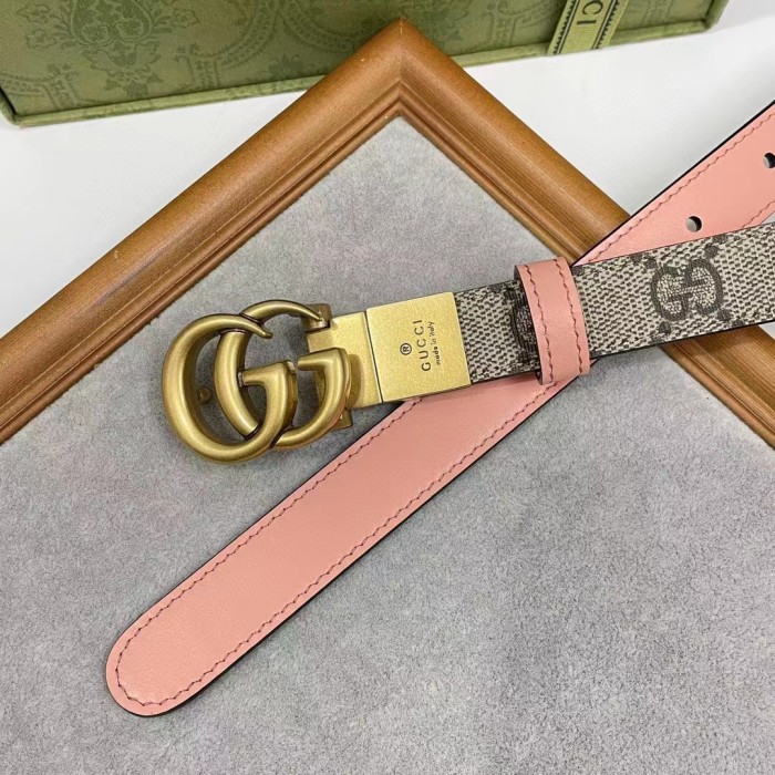 Gucci Unisex Marmont Reversible Thin Belt Beige Ebony GG Supreme Canvas