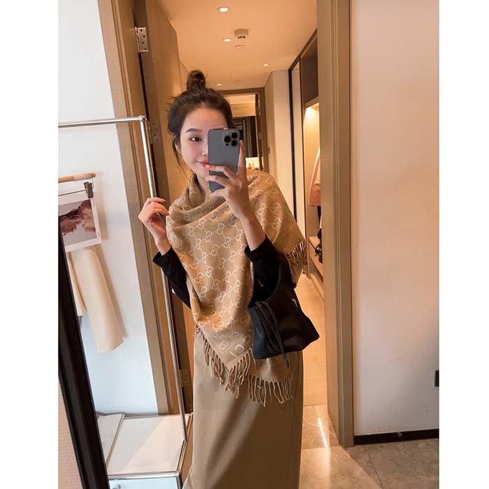 Gucci Unisex GG Wool Scarf Ivory Mini GG Black Tassel Detail